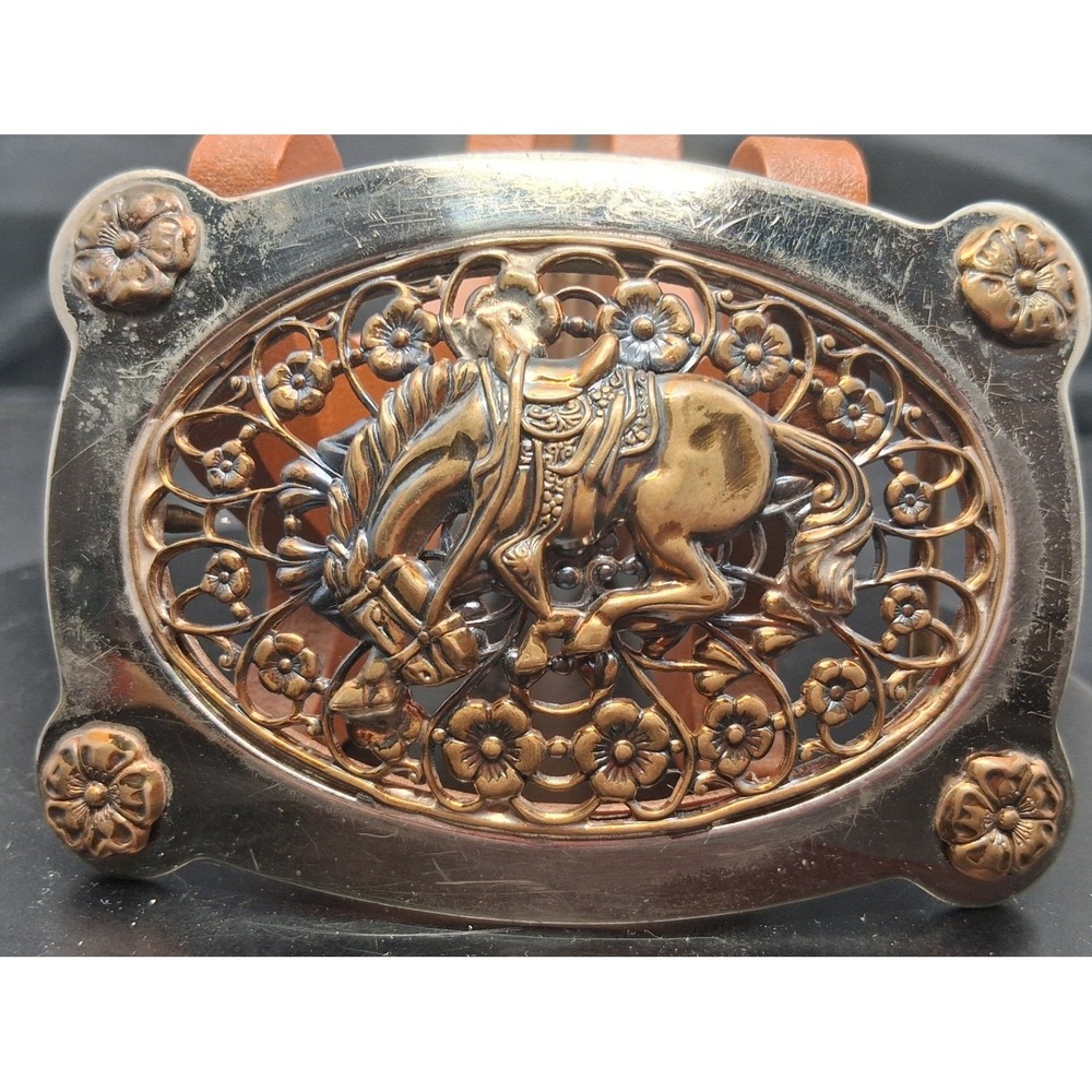 Justin Belt Co Vintage Nickel Silver Bucking Bronco Floral Western Belt Buckle